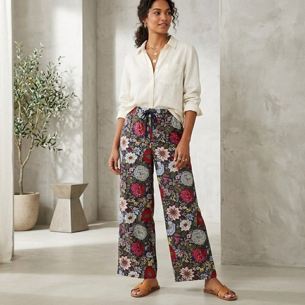 LOFT Wide Leg Pants Womens XL Floral Elastic Drawstring Boho Coastal Retro Artsy